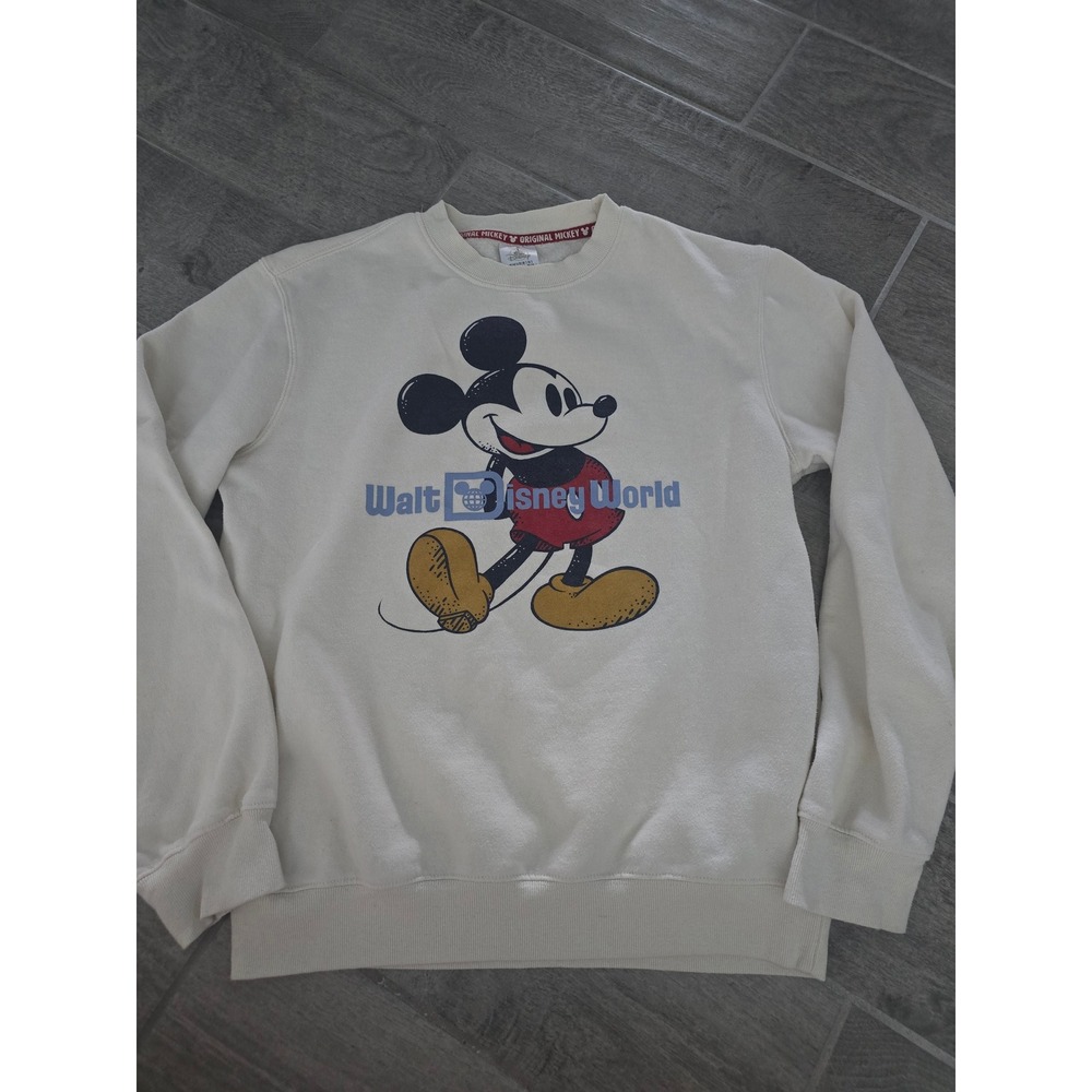 Disney Mickey Mouse Graphic Sweatshirt Cream Pullover Crew Neck Womens Small